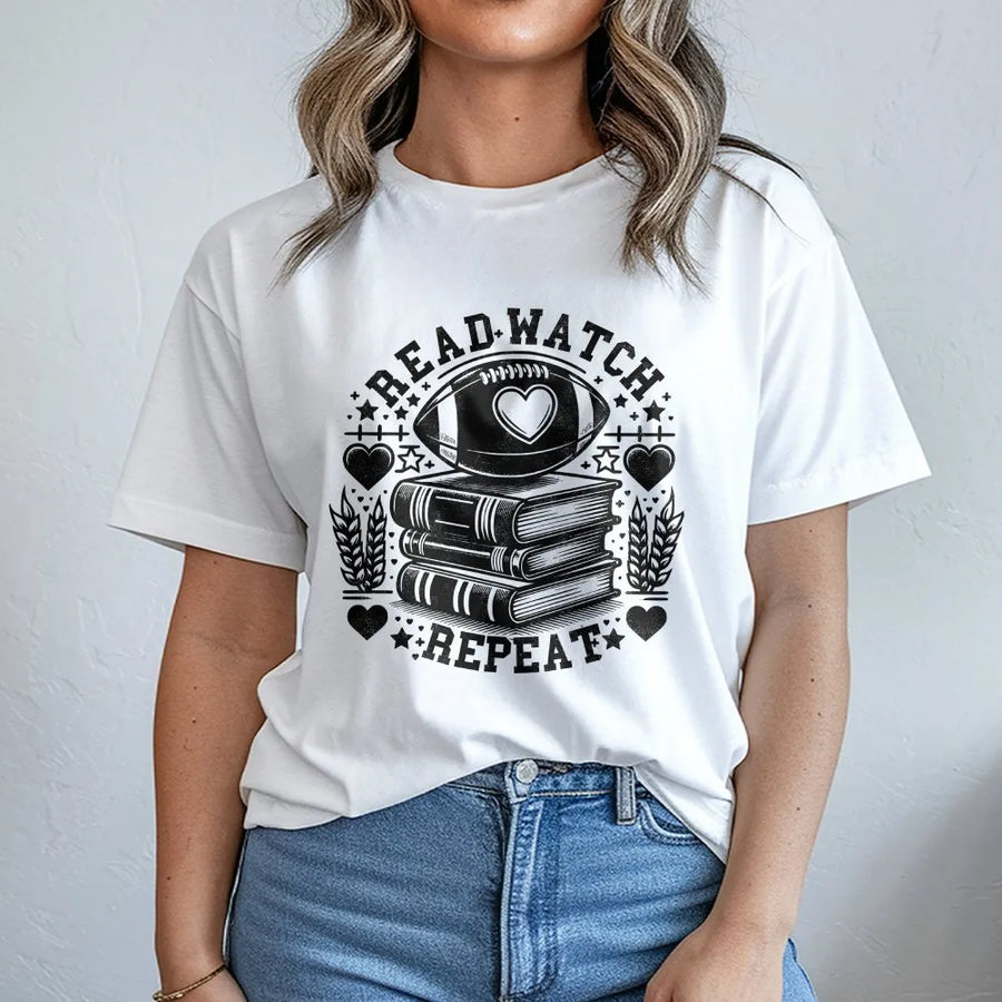Bookish Football T-Shirt | Read Watch Repeat Gameday Graphic | Cozy Cotton Blend Crewneck | Gift for Women Readers and Sports Fans