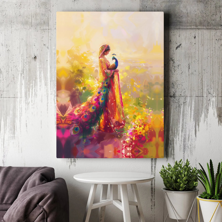 Indian Woman With Peacock Canvas Art | Vibrant Sari Ethnic Wall Decor | Premium 1.25-Inch Gallery Wrap | Cultural Home Gift For Her