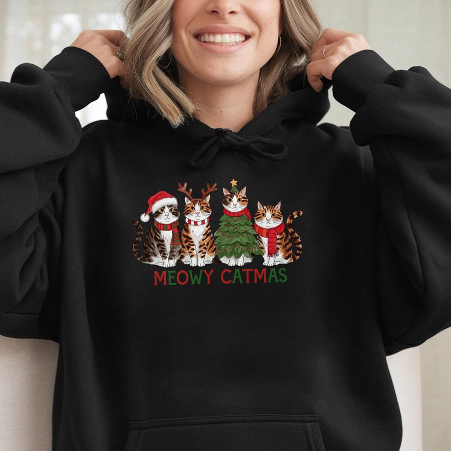Meowy Catmas Hoodie | Funny Christmas Cat Graphic | Premium Cotton Blend | Holiday Gift For Cat Lovers Women Men