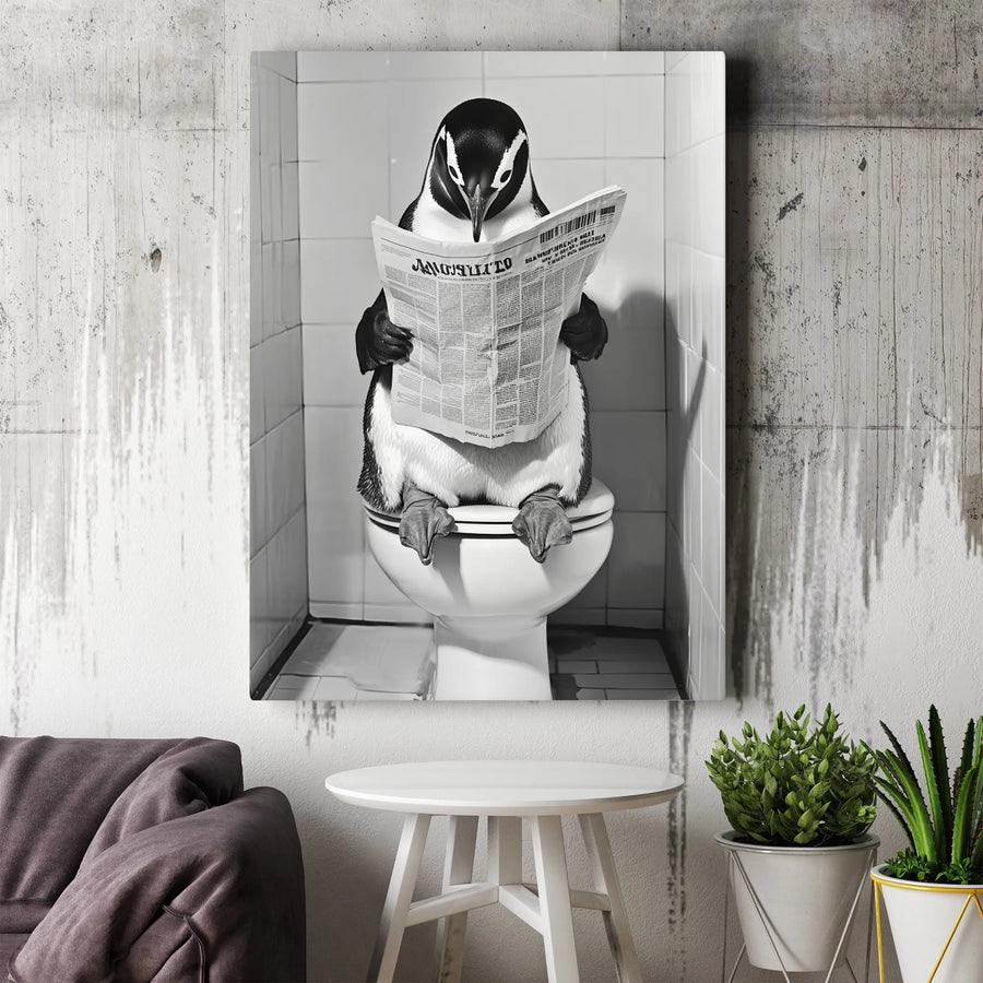 Funny Penguin Wall Art | Toilet Humor Bathroom Decor | Premium Fade-Resistant Canvas | Quirky Gift for Animal Lovers