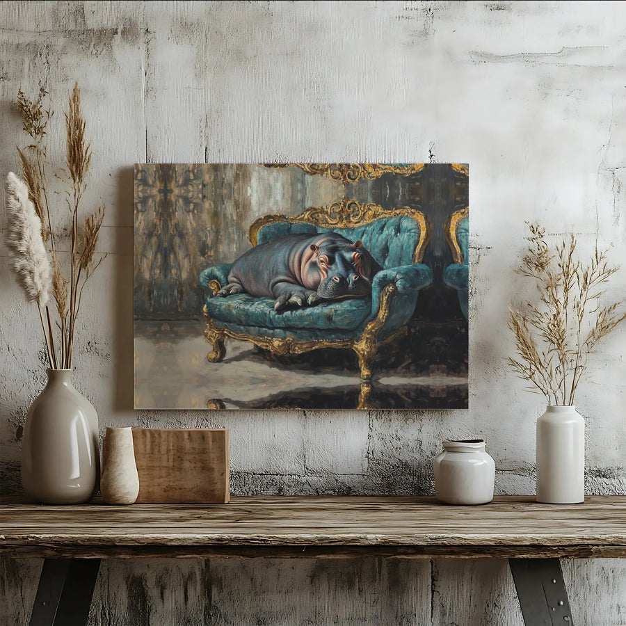 Sleeping Hippo Canvas Art | Ornate Victorian Chair Painting | Premium 1.25-Inch Gallery Wrap | Whimsical Animal Home Decor Gift