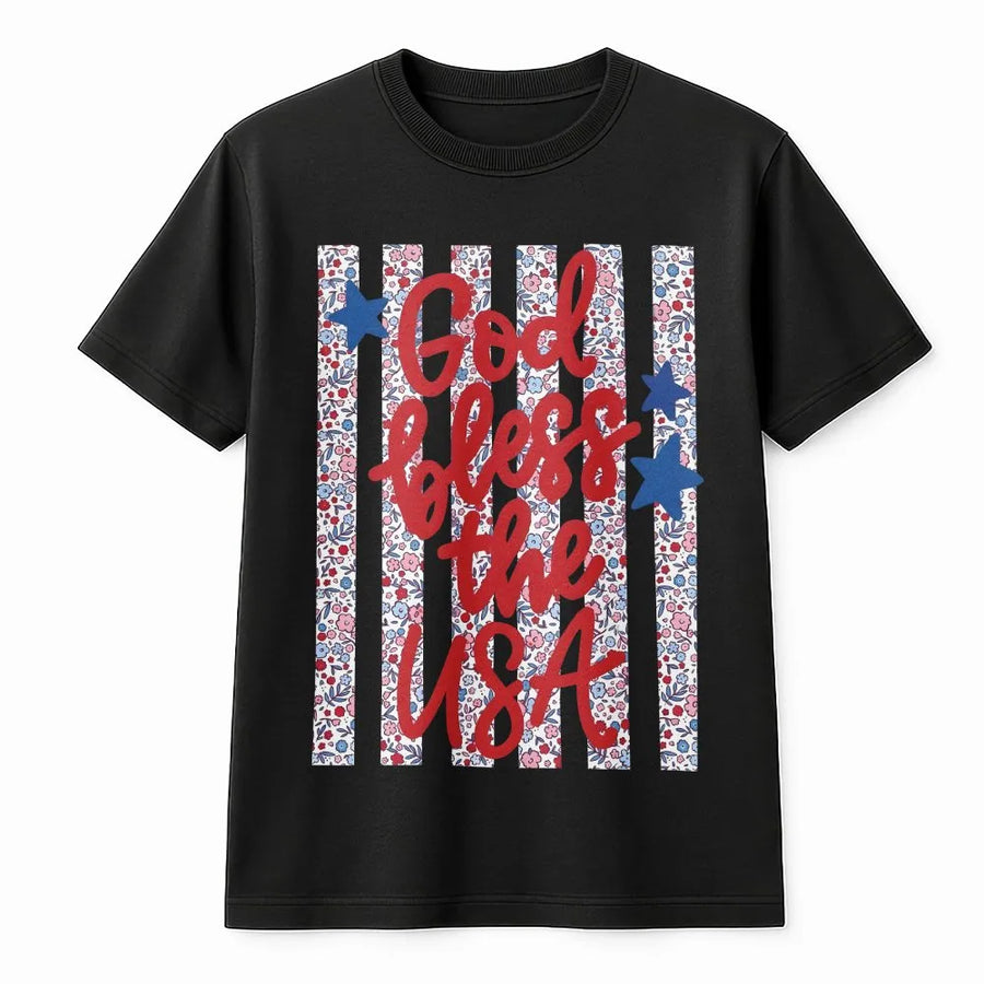 God Bless The USA T-Shirt | Dainty Floral American Flag Design | Soft Cotton Blend Pullover | Fourth of July Gift for Women