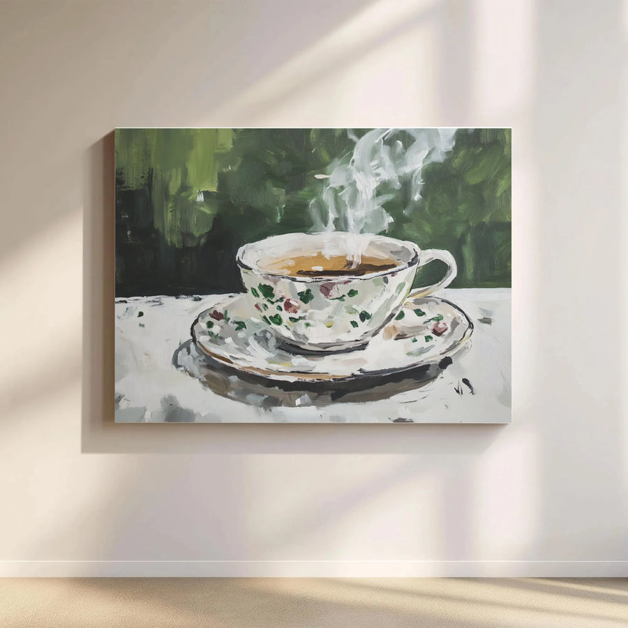 Steaming Floral Teacup Wall Art | Impressionist Oil Style Print | Gallery-Quality 1.25" Canvas | Cozy Kitchen & Coffee Bar Decor Gift