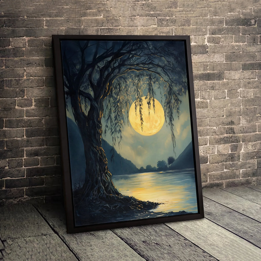 Weeping Willow Wall Art | Moonlit Lake Landscape Canvas | Premium Fade-Resistant Gallery Wrap | Serene Nature Home Decor Gift