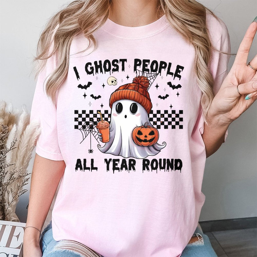 I Ghost People All Year Round T-Shirt | Cute Spooky Pumpkin Beanie Graphic | 100% Cotton Premium Tee | Funny Halloween Gift for Ghost Lovers