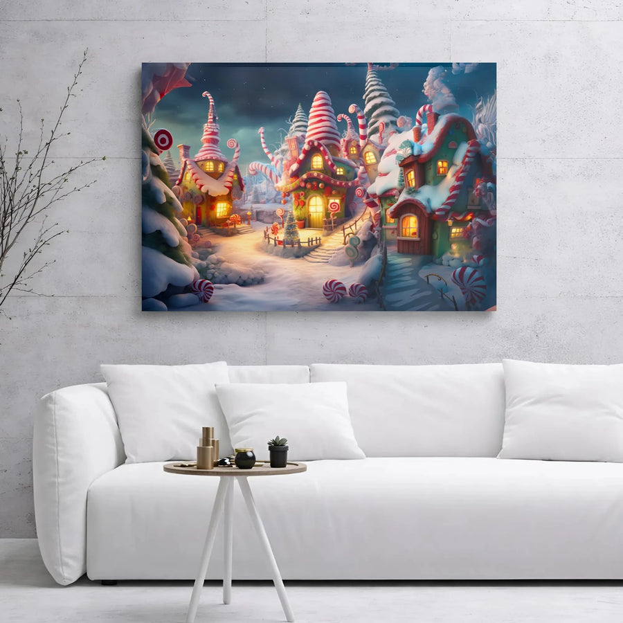 Whimsical Christmas Candy Village Canvas | Festive Gingerbread House Art | Premium Gallery-Wrapped Print | Holiday Home Decor Gift