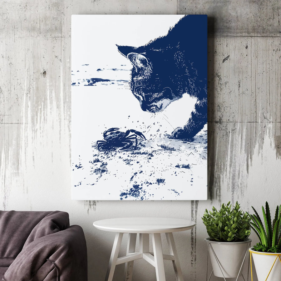 Cat and Crab Wall Art | High Contrast Blue and White Animal Print | Gallery Quality 1.25" Canvas | Modern Coastal Home Decor Gift
