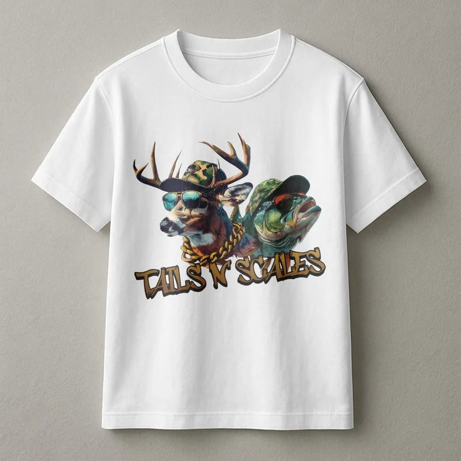 Tails N’ Scales T-Shirt | Funny Hunting and Fishing Graphic Tee | Premium Cotton Outdoor Apparel | Perfect Gift for Outdoorsmen and Fishermen