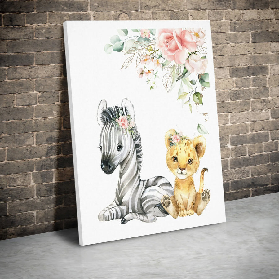 Baby Zebra and Lion Cub Wall Art | Watercolor Safari Animal Nursery Decor | Premium Gallery Wrap Canvas | Cute Baby Shower Gift for Kids Room
