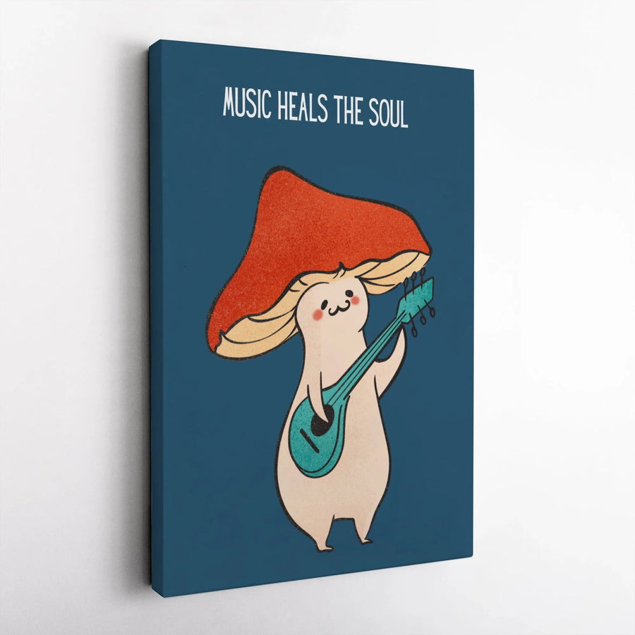 Music Heals The Soul Canvas Wall Art | Cute Mushroom Playing Guitar Illustration | Premium 1.25 Inch Gallery Wrap | Whimsical Music Lover Gift