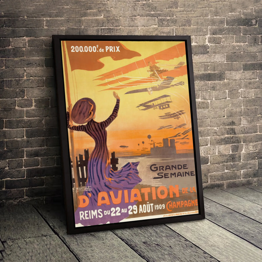 Grande Semaine D'Aviation 1909 Reims Poster | Vintage French Aviation Wall Art | Premium Gallery Canvas | Aviation History Gift for Pilot