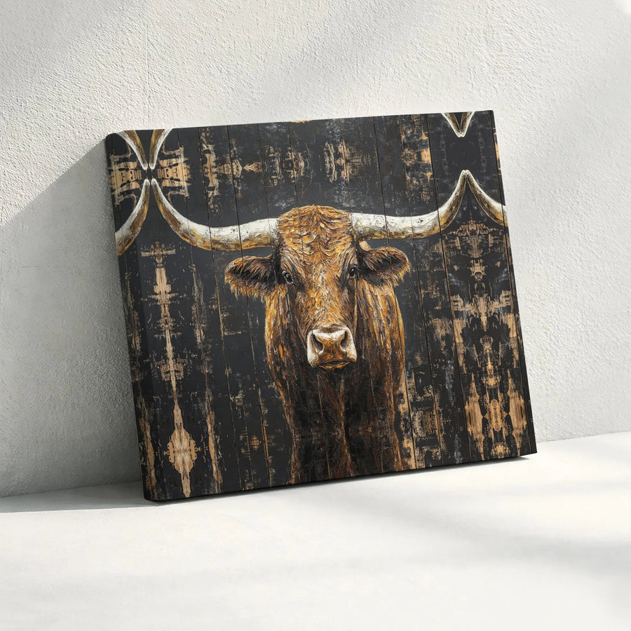 Rustic Texas Longhorn Horizontal Canvas | Western Bull Wall Art in Distressed Oil Painting Style | Premium 1.25-Inch Thick Gallery Wrap | Modern Farmhouse Decor Gift