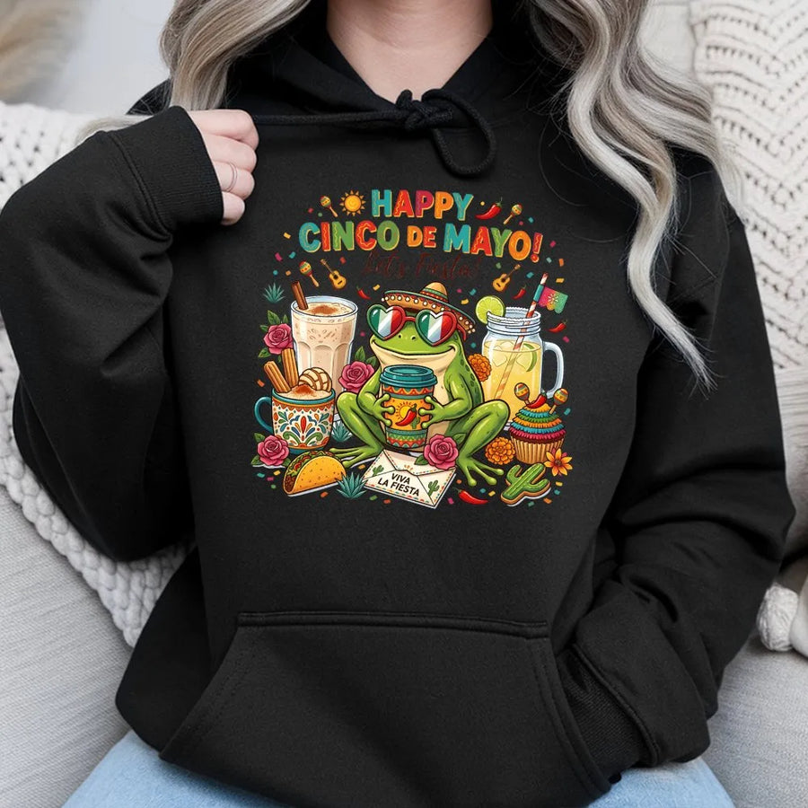 Cinco de Mayo Frog Hoodie | Funny Fiesta Graphic Sweatshirt | Premium Cotton-Blend | Unisex Mexican Party Celebration Gift