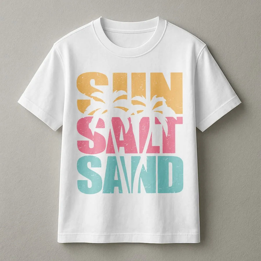 Sun Salt Sand Beach T-Shirt | Retro Palm Tree Graphic | Cozy Cotton Blend Pullover | Summer Vacation Gift for Women