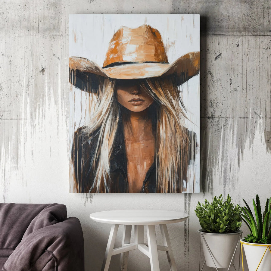 Modern Cowgirl Canvas Wall Art | Abstract Western Portrait Painting | Premium Thick Gallery Wrap Canvas | Boho Farmhouse Living Room Decor Gift