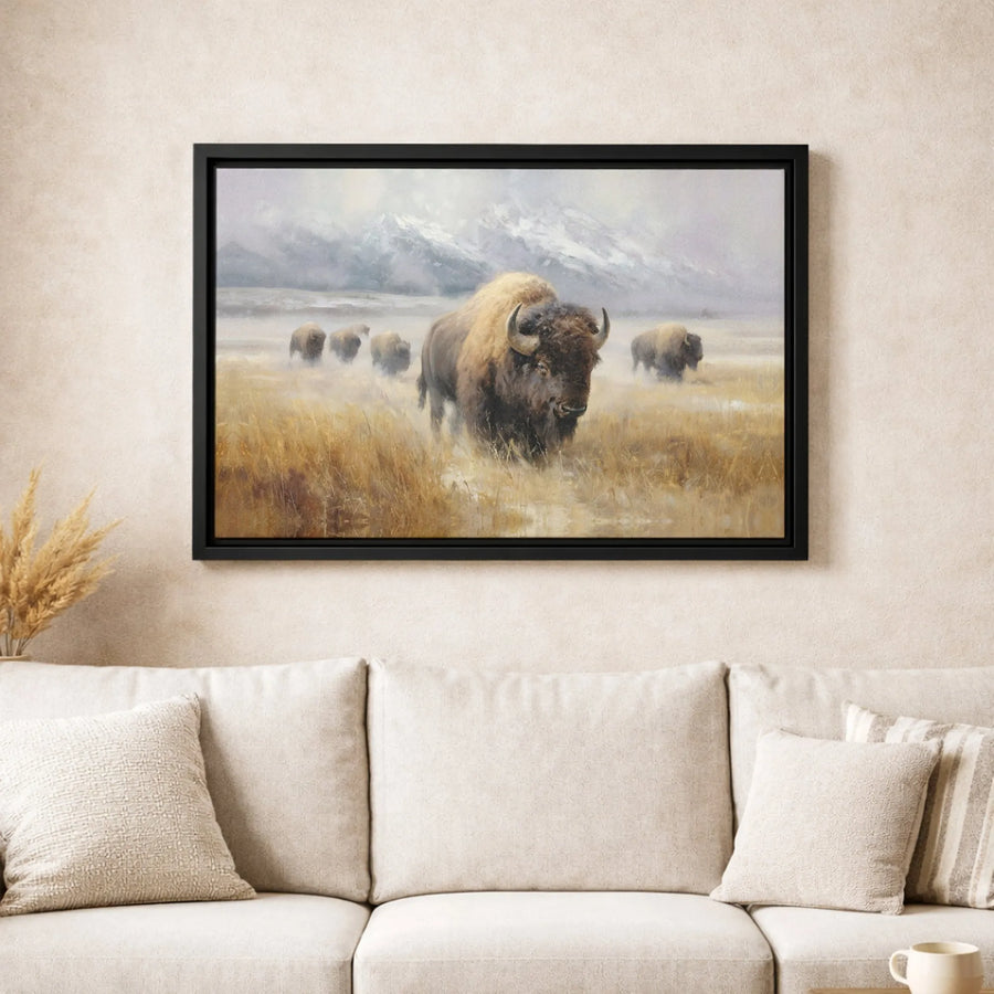 American Bison Canvas Wall Art | Snowy Mountain Landscape Wildlife Print | Premium 1.25-Inch Gallery Wrap | Rustic Home & Office Decor Gift