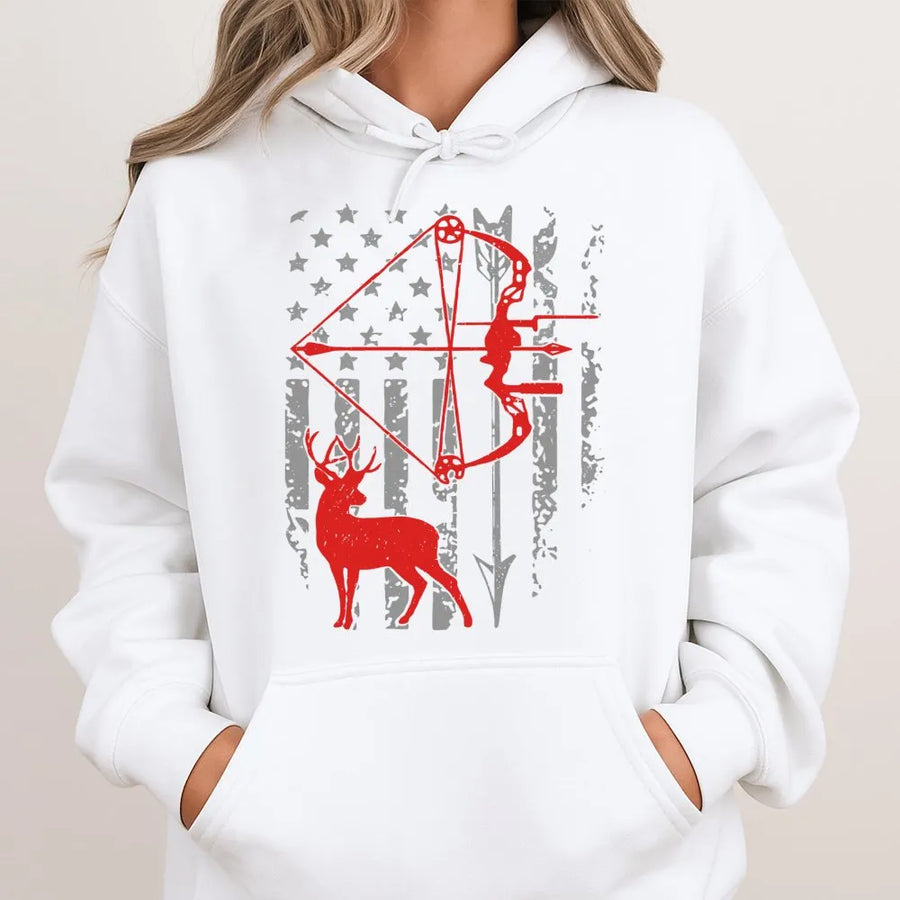 Bow Hunting Hoodie | American Flag Deer Archer Graphic | Premium Cotton Blend | Patriotic Gift for Hunters and Outdoorsmen
