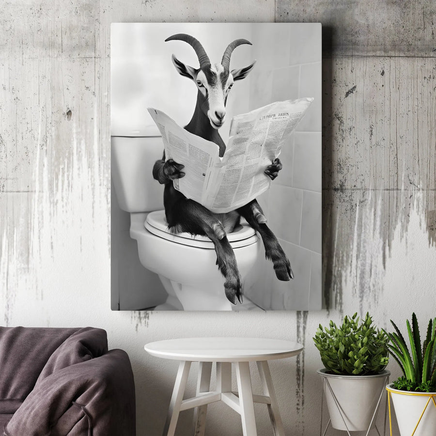 Funny Goat on Toilet Vertical Canvas | Quirky Black and White Animal Photography | Premium Thick Gallery Wall Art | Bathroom Decor, Housewarming Gift