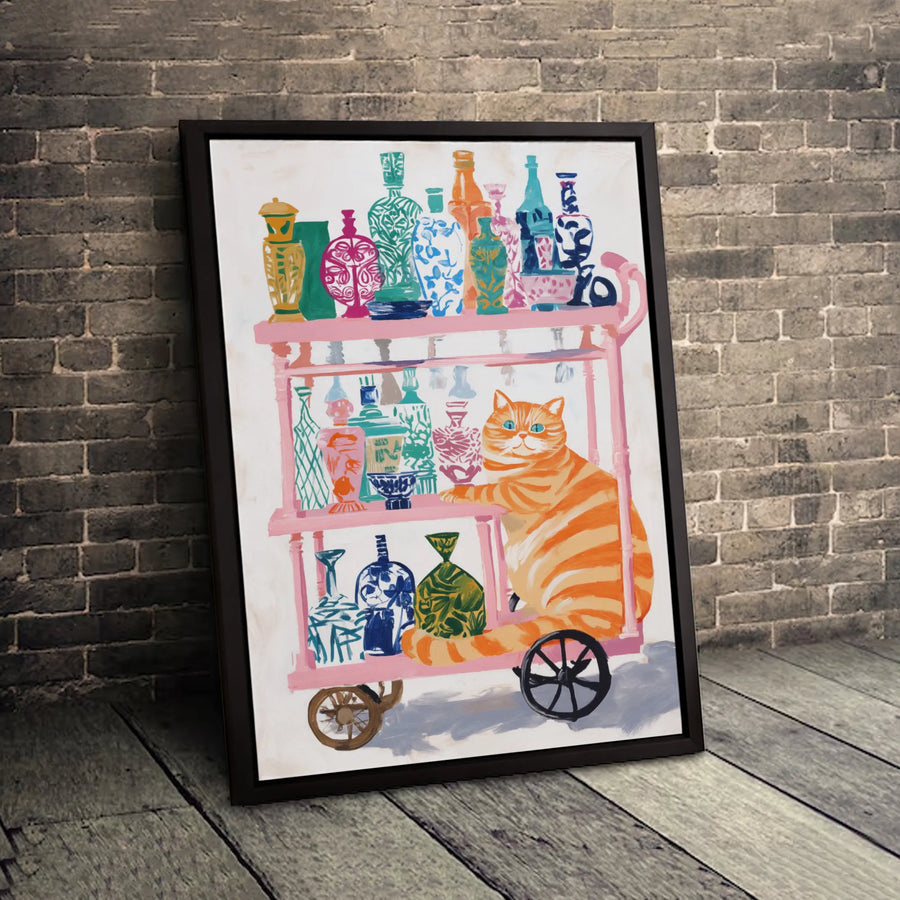 Orange Tabby Cat Art Print | Whimsical Bar Cart Illustration | Premium 1.25-Inch Gallery Canvas | Cute Home Decor Gift for Cat Lovers