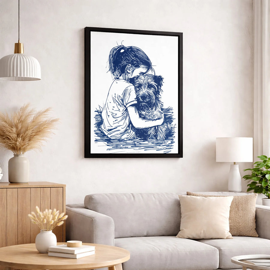 Girl Hugging Dog Wall Art | Blue Sketch Line Drawing Print | Premium Gallery Canvas | Heartwarming Pet Lover Gift Decor