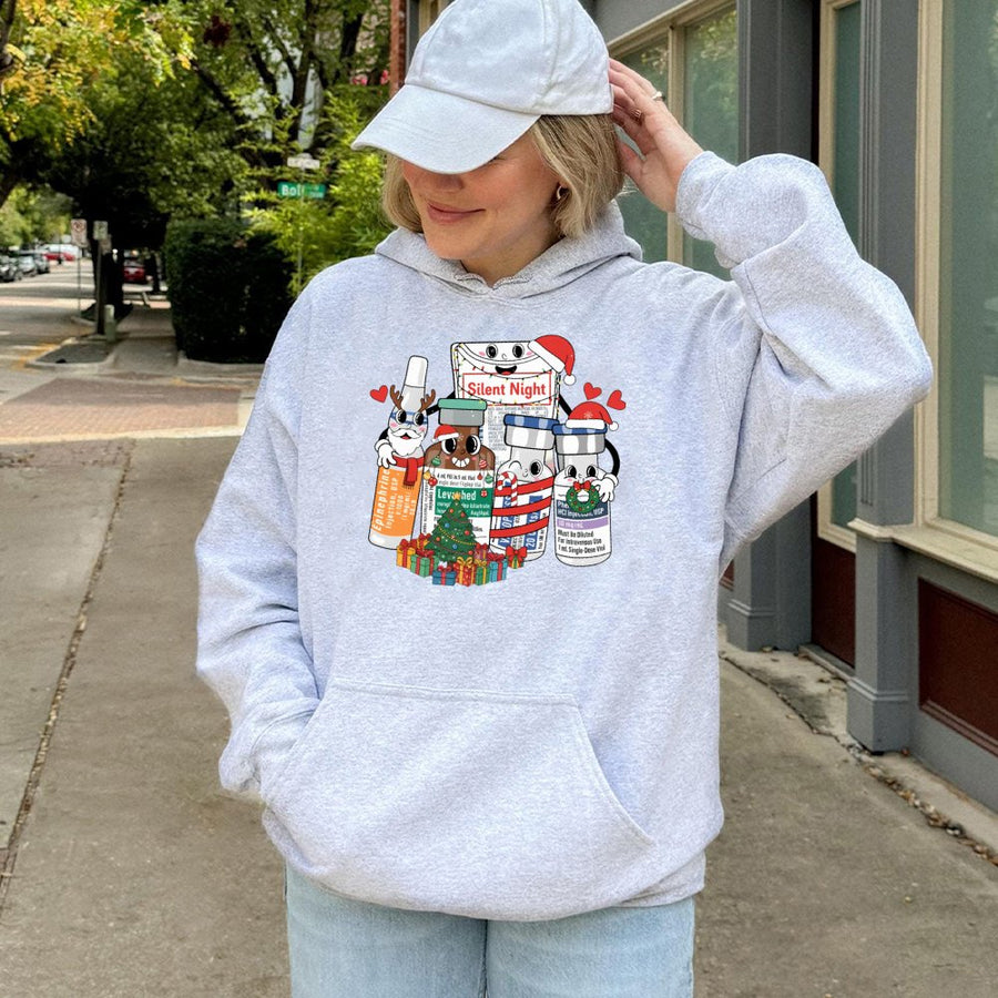 Nurse Christmas Hoodie | Cute Medical Vials Cartoon Design | Soft Cotton Blend Sweatshirt | Holiday Gift for Nurses, Doctors, ICU Staff