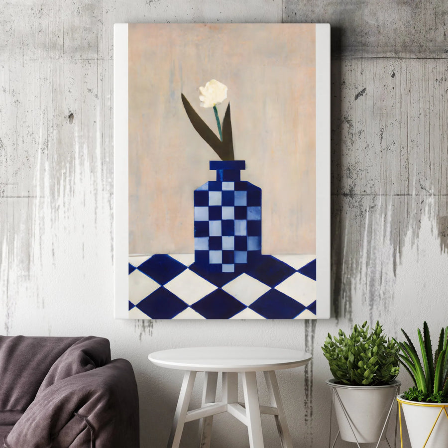 Abstract Tulip Canvas Print | Blue Checkered Vase Still Life | Premium Gallery Wall Art | Modern Kitchen or Living Room Decor Gift