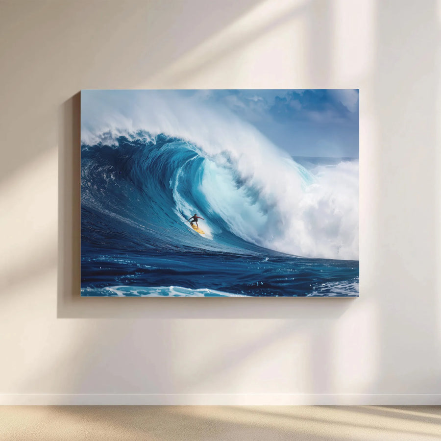 Surfing Ocean Wave Canvas Wall Art | Dramatic Blue Sea Surfer Print | Premium Gallery Wrapped Decor | Coastal Beach House Gift for Ocean Lovers