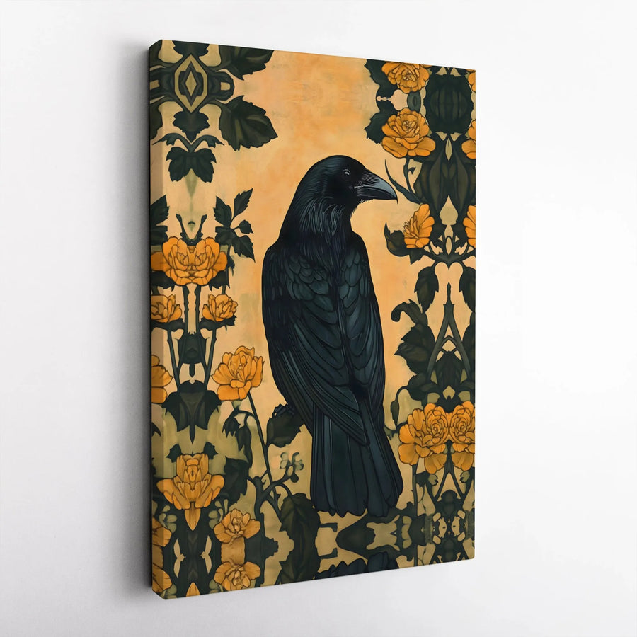 Black Raven Canvas Wall Art | Art Nouveau Yellow Rose Illustration | Premium Gallery Wrapped Print | Dark Academia Gothic Home Decor Gift