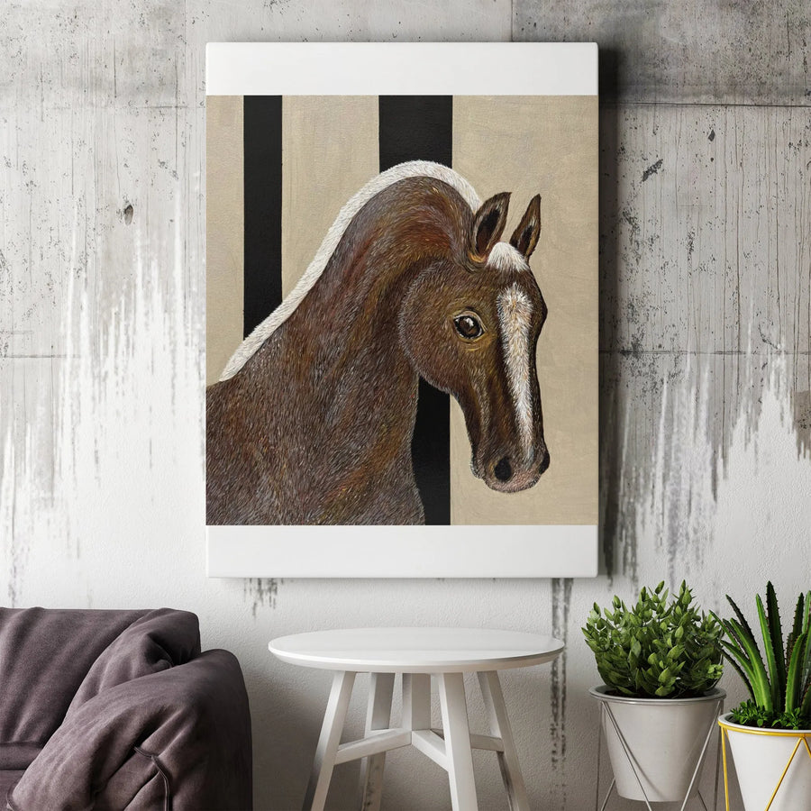 Brown Horse Portrait Canvas Print | Realistic Equestrian Wall Art with Striped Background | Premium Gallery Wrapped Canvas | Farmhouse Decor Gift for Horse Lover