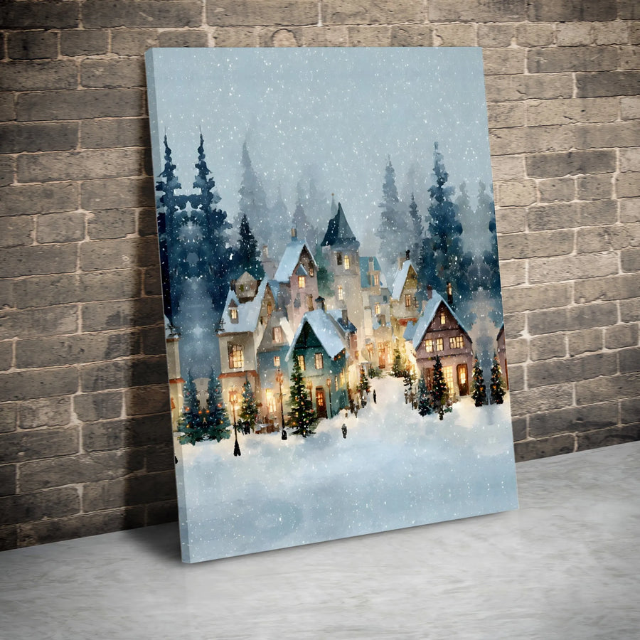 Snowy Christmas Village Canvas Wall Art | Watercolor Winter Wonderland Print | 1.25" Gallery Wrap Decor | Holiday Home Gift For Living Room