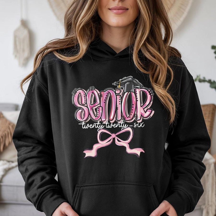 Senior 2026 Hoodie | Graduation Cap Bow Aesthetic Graphic | Premium Cotton Blend | Trendy Class of 2026 Senior Year Gift for Her