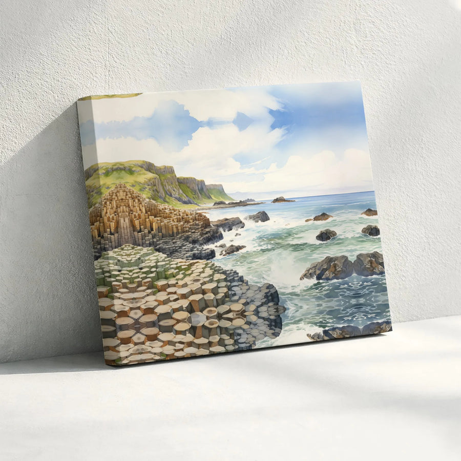 Giant's Causeway Canvas Wall Art | Watercolor Irish Coastline Print | Premium Gallery Wrapped Canvas | Ireland Travel Souvenir & Home Decor Gift