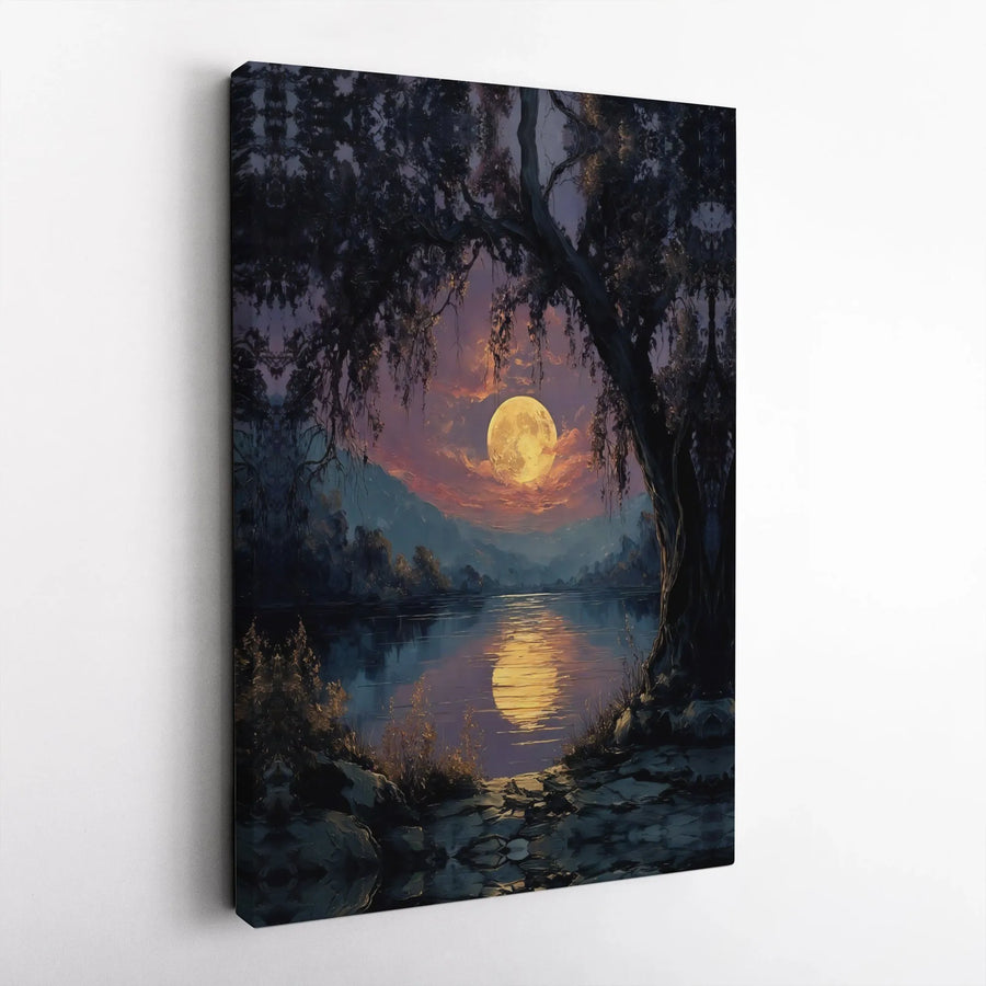 Full Moon Lake Canvas Wall Art | Serene Night Landscape Painting | Gallery Wrapped 1.25” Thick Premium Print | Nature Decor Gift for Home Office
