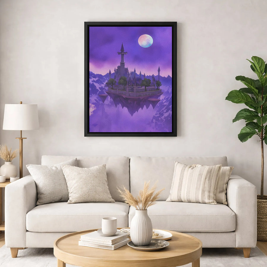 Floating Fantasy Castle Wall Art | Ethereal Purple Moonscape | Premium Gallery Wrap Canvas | Magical Bedroom Decor Gift