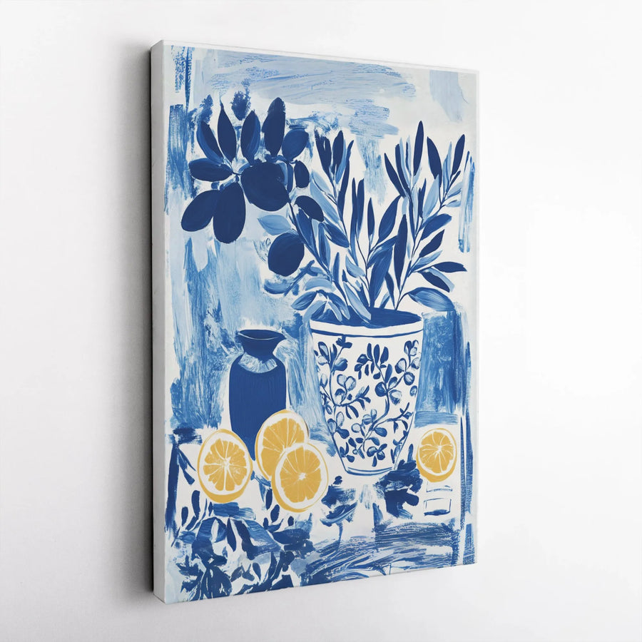 Blue and White Still Life Canvas Art | Mediterranean Lemon Kitchen Wall Decor | Premium Fade-Resistant Gallery Wrap | Elegant Home Gift