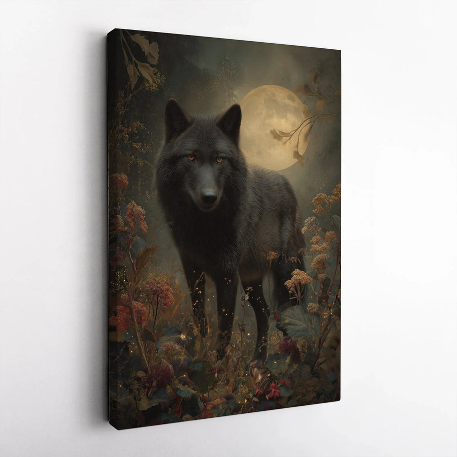Mystical Black Wolf Vertical Canvas | Enchanted Full Moon Forest Scene | Premium Gallery Quality Print | Wall Art Gift for Wildlife Lover