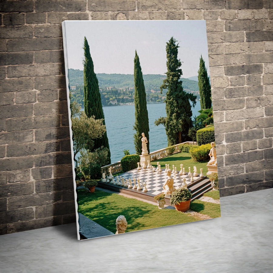 Italian Garden Chessboard Canvas Wall Art | Lakeside Estate Scenery | Premium Gallery Wrap Print | Elegant Home Office Decor Gift