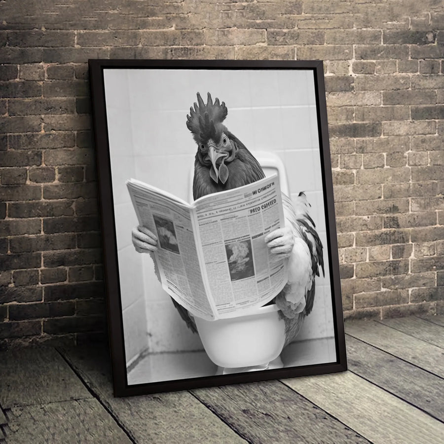 Funny Rooster Reading Newspaper Canvas | Quirky Bathroom Wall Art | Premium Gallery Wrapped Print | Humorous Farmhouse Decor Gift