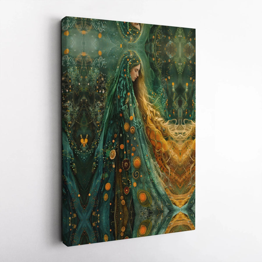 Fantasy Nature Goddess Canvas Art | Ethereal Forest Deity with Golden Hair | Premium Gallery-Wrapped Print | Enchanting Boho Home Decor Wall Art