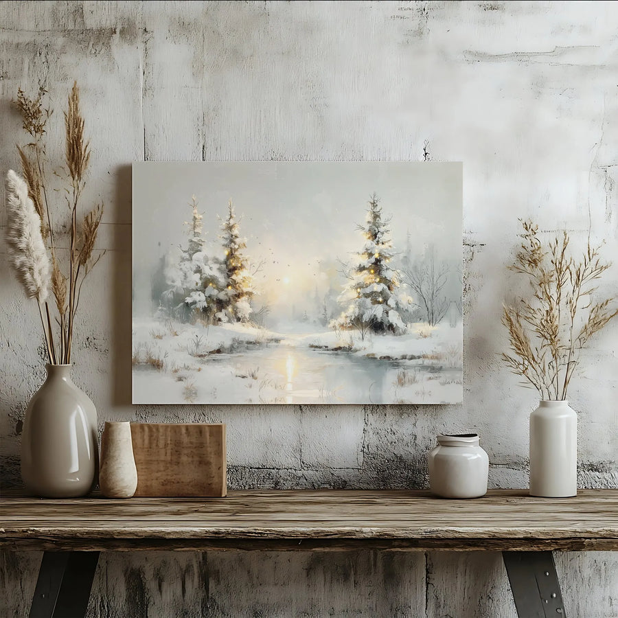 Winter Landscape Canvas Wall Art | Snowy Pine Trees Frozen River Print | 1.25" Gallery Wrap | Christmas Home Decor Gift