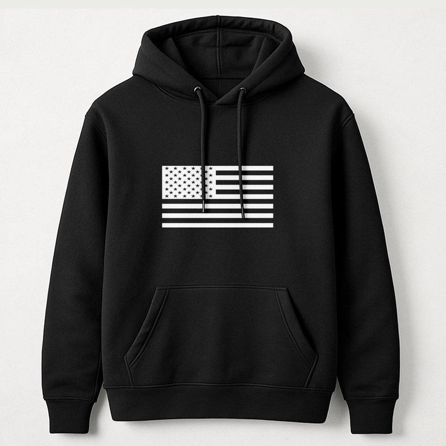 American Flag Hoodie | Minimalist Black & White US Flag Graphic | Premium Cotton-Poly Blend | Patriotic Gift for Men and Women