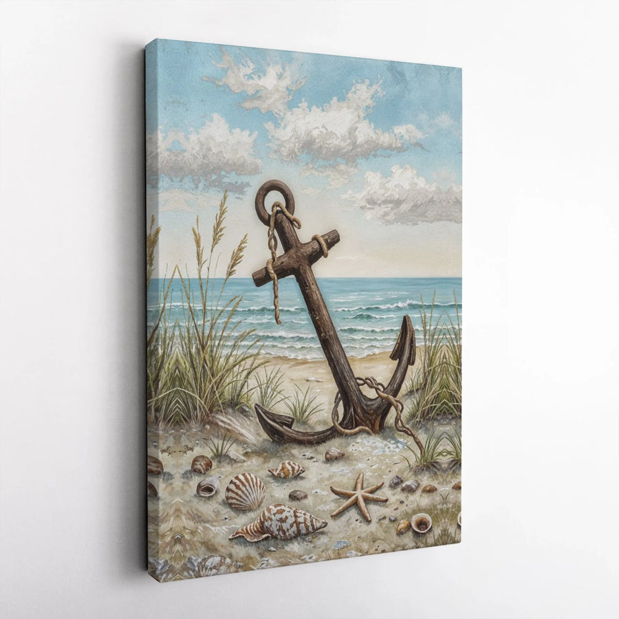 Coastal Anchor Canvas Wall Art | Rustic Beach Seascape with Seashells | Premium 1.25" Gallery Wrap | Relaxing Nautical Home Decor for Beach House