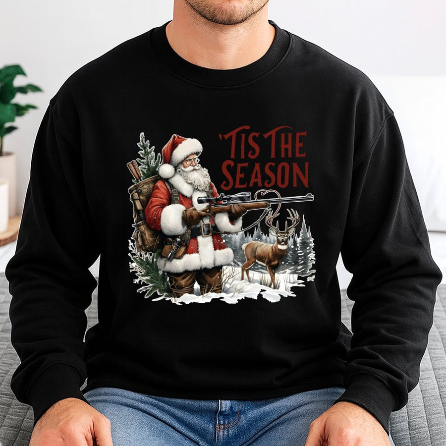 Santa Hunting Sweatshirt | Funny Tis The Season Deer Hunter Graphic | Cotton Blend Premium Apparel | Christmas Gift for Outdoorsmen