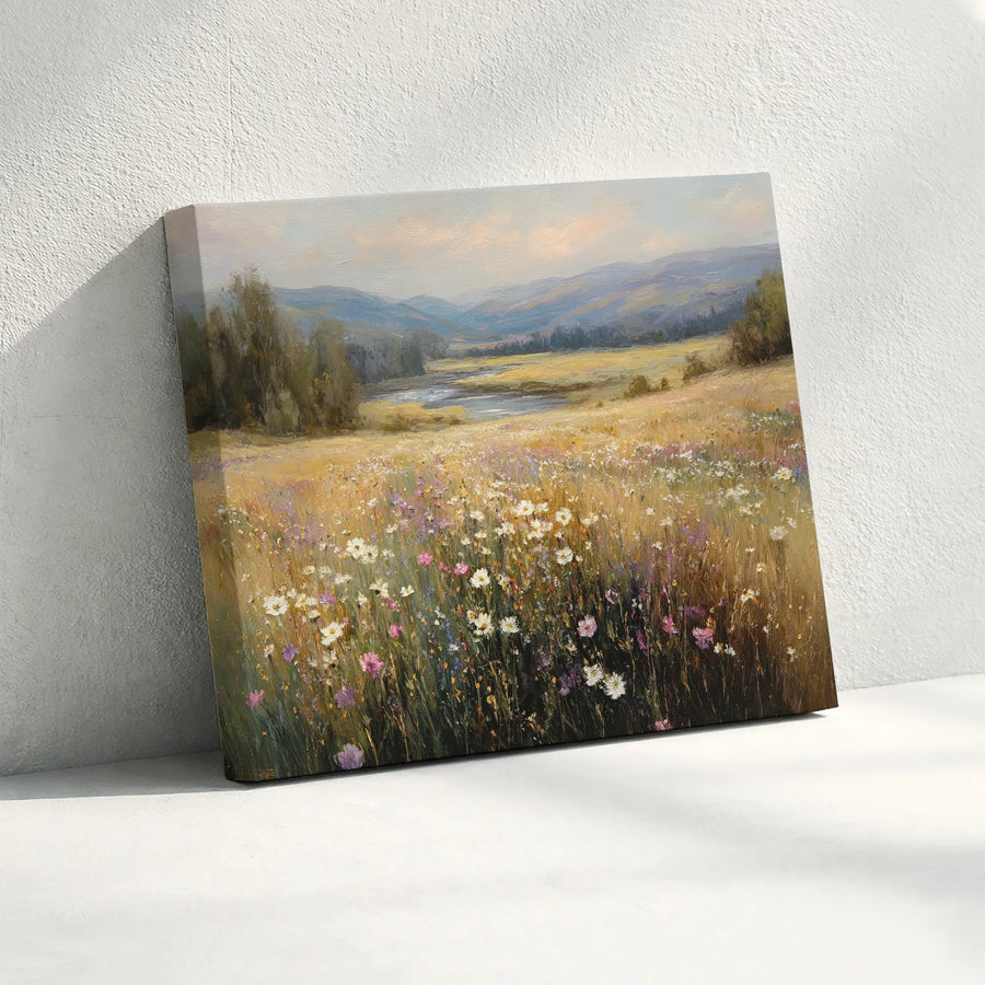 Wildflower Meadow Canvas Wall Art | Vintage Oil Painting Style Art Print | Thick Gallery Wrap Canvas | Farmhouse Living Room Decor Gift