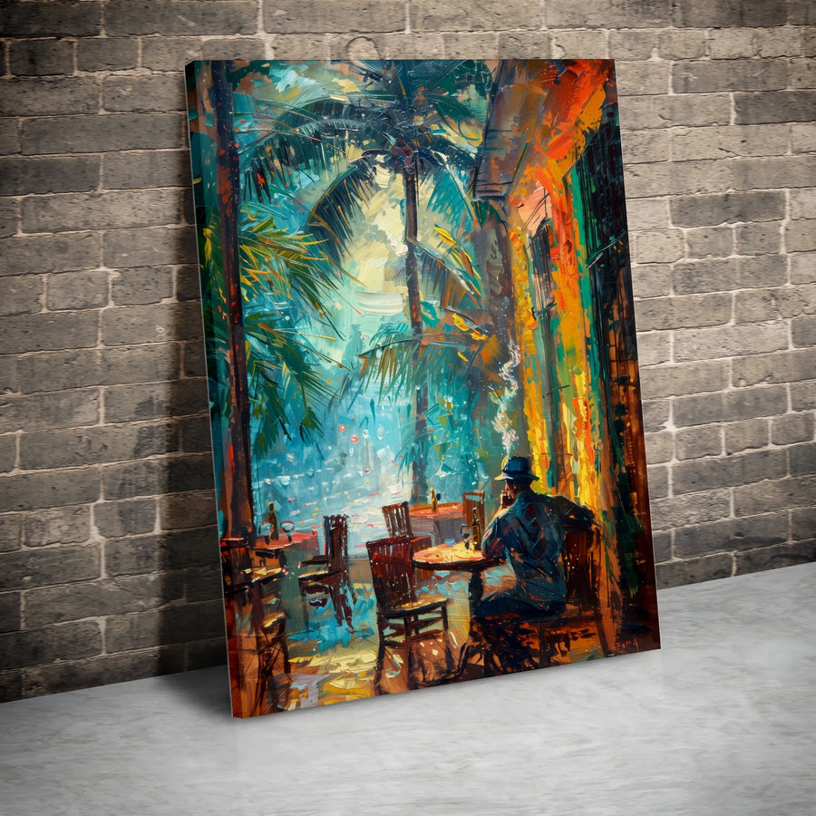 Tropical Cafe Impressionist Wall Art | Man in Fedora Palm Tree Painting | 1.25” Thick Gallery Canvas | Atmospheric Home Decor Gift