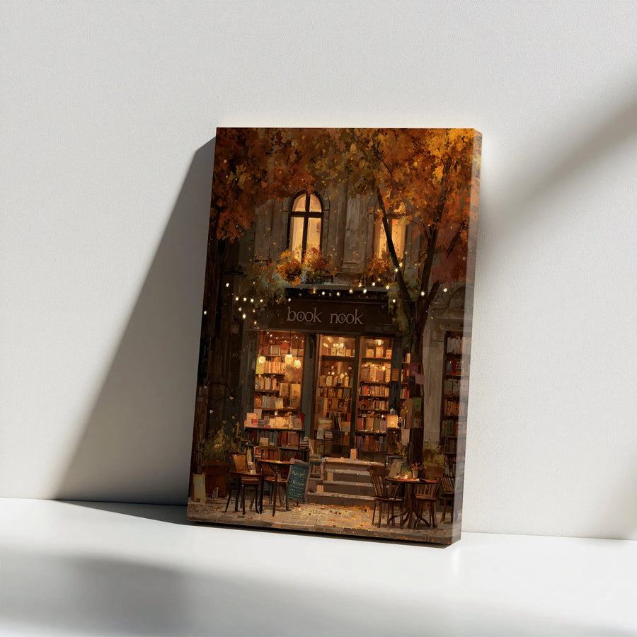 Cozy Bookstore Canvas Wall Art | Painterly Autumn Book Nook Scene | Premium Gallery Wrapped Print | Gift for Readers & Book Lovers