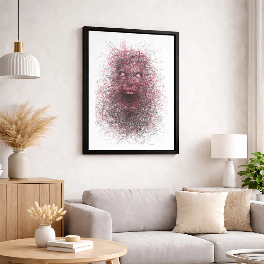 Screaming Face Abstract Canvas Art | Dark Surreal Scribble Sketch | 1.25-Inch Gallery Wrap | Gothic Home Decor Gift for Horror Fans