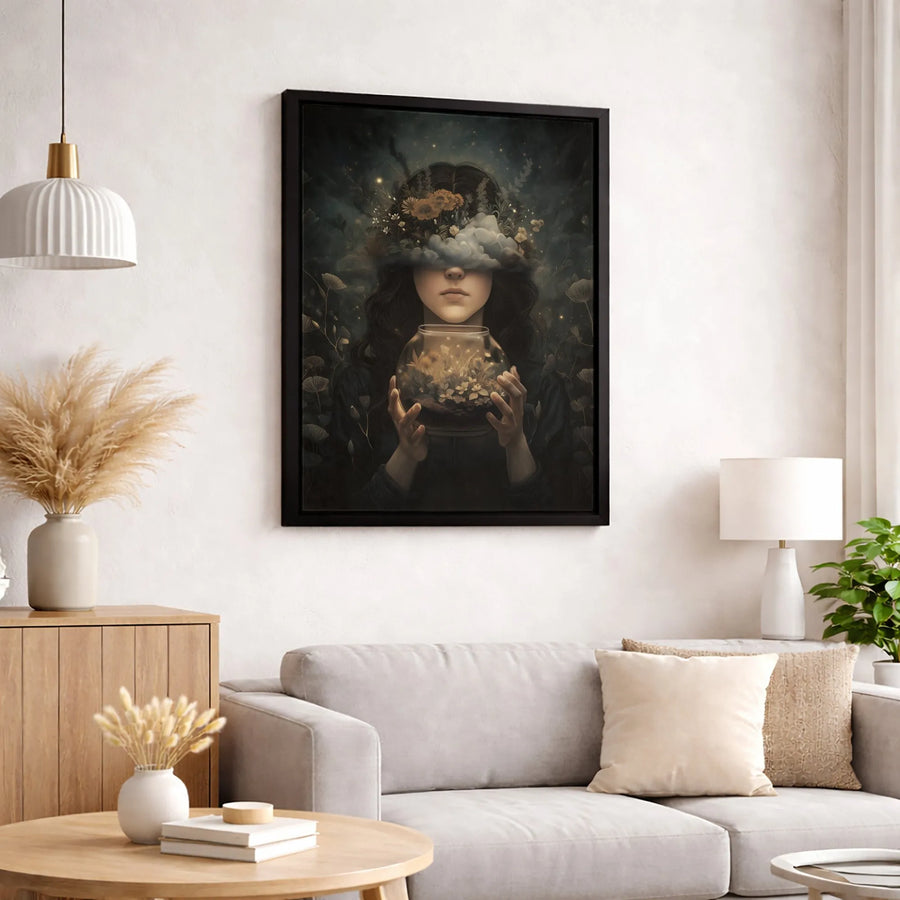 Surreal Girl With Floral Terrarium Wall Art | Ethereal Dark Academia Canvas Print | Premium Gallery-Wrapped Decor | Unique Gift For Art Lovers
