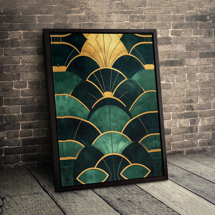Art Deco Geometric Canvas | Emerald Green and Gold Fan Pattern | Premium Gallery-Wrapped Print | Elegant Home Office Wall Decor