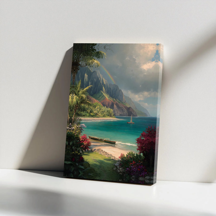 Tropical Hawaiian Coast Canvas Print | Nā Pali Coast Landscape Painting | Premium Gallery Wrapped Canvas | Coastal Living Room Decor Gift